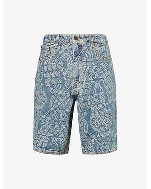 Daily Paper Jacquard Macrame-Printed Denim Shorts - Blue