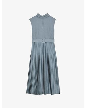 Reiss Ania Pleated-Skirt Woven Midi Dress - Blue