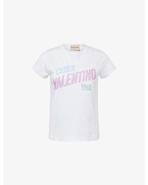 Valentino Text-Print Round-Neck Cotton T-Shirt - White