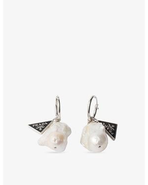 Prada Brand-Plaque Metal And Pearl Drop Earrings - White