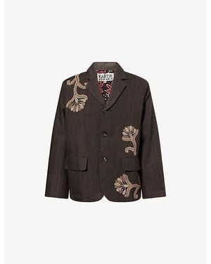 Kartik Research Herringbone Embroidered Single-Breasted Linen Jacket - Brown