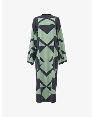 eem Geometric-Intarsia Knitted Modal And Wool-Blend Kaftan Dress - Green