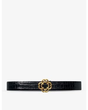 Maje Clover-Buckle Croc-Embossed Leather Belt - Black