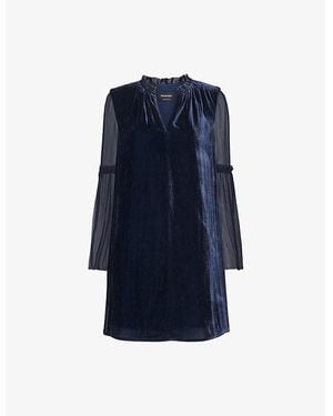 Whistles Frill-Neck Sheer-Sleeve Velvet Mini Dress - Blue