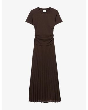 Claudie Pierlot Pleated Semi-Sheer Jersey Midi Dress - Brown
