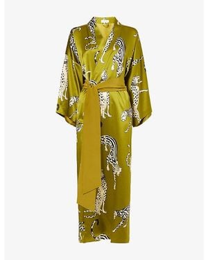 Olivia Von Halle Queenie Leopard Silk Robe - Yellow