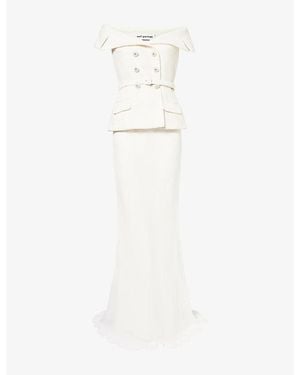 Self-Portrait Off-Shoulder Belted Boucle And Crepe Maxi Dress - White