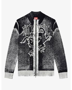 DIESEL Griffin Motif Zip-Up Cotton Cardigan - Black