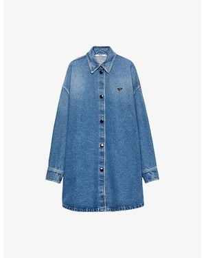 Prada Triangle-Logo Long Denim Shirt - Blue