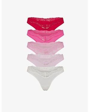 Skims Fits Everybody Dipped Lace-Trimmed Stretch-Woven Thong Pack Of Five - Pink