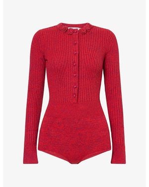 Self-Portrait Flower Knit Playsuit - Red