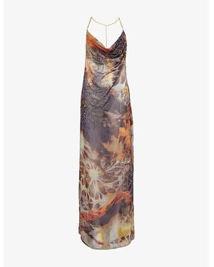 Jaded London Dahlia Cowl-Neck Beaded Woven Midi Dress - Brown