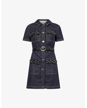 Self-Portrait Crystal Short-Sleeves Stretch-Denim Blend Mini Dress - Blue