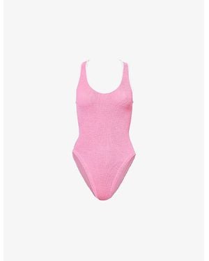 Hunza G Faye Contrast-Trim Seersucker Swimsuit - Pink