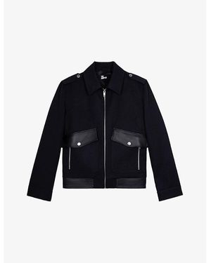 The Kooples Flap-Pocket Leather-Trim Wool-Blend Jacket - Blue