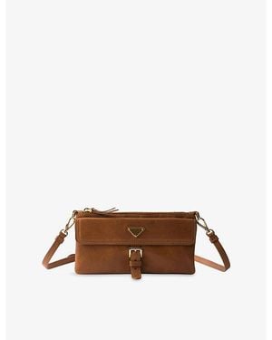 Prada Logo-Plaque Leather Pouch - Brown
