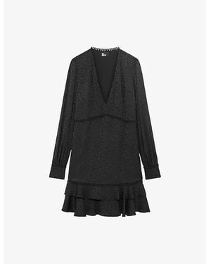 The Kooples Leopard-Jacquard Ruffled Woven Mini Dress - Black