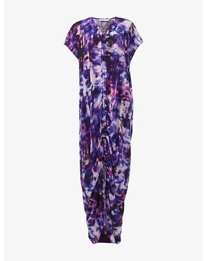 eem Ruched-Front Printed Woven Kaftan - Purple