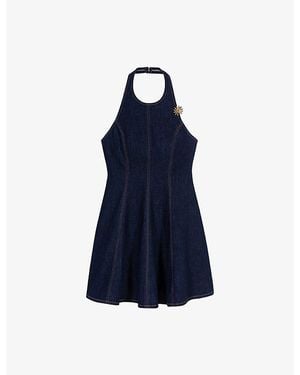 Maje Halterneck Flower-Brooch Denim Mini Dress - Blue