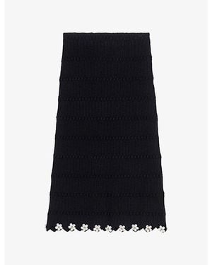 Maje Jewelled-Flower Scalloped-Edge Knitted Midi Skirt - Black