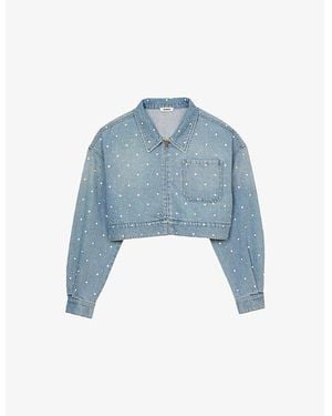 Sandro Rhinestone-Embellished Puff-Sleeve Denim Jacket - Blue