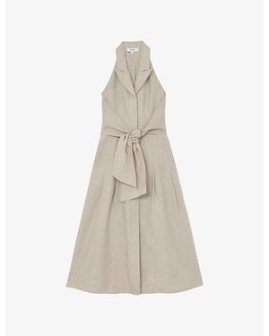 Reiss Tara Petite Tie-Waist Tailored Linen Midi Dress - Natural