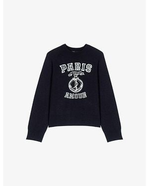 Maje Paris-Slogan Round-Neck Woven Jumper - Blue