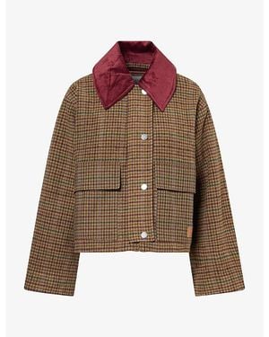 Ganni Check Wool-Blend Barn Jacket - Brown
