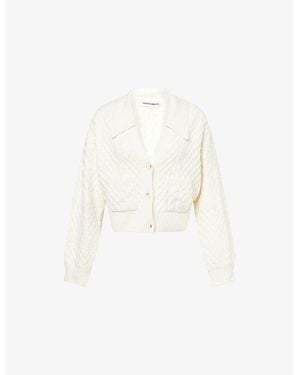 The Couture Club Polo-Collar Cotton-Blend Cable Knit Cardigan - White