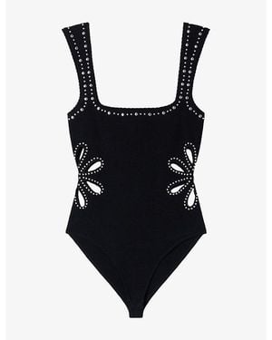 Sandro Studded Square-Neck Stretch-Knit Bodysuit - Black