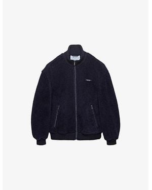 Prada Funnel-Neck Embroidered Logo-Patch Wool Blend Fleece Jacket - Blue