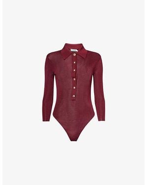 Self-Portrait Long-Sleeve Viscose Polo Knit Bodysuit - Red