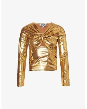 Amy Lynn Twist-Front Cut-Out Metallic Stretch-Woven Top