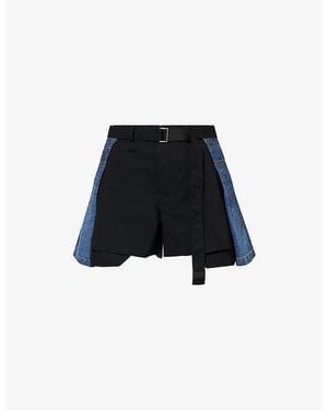 Sacai Contrasting-Panel Belted Wool Shorts - Black