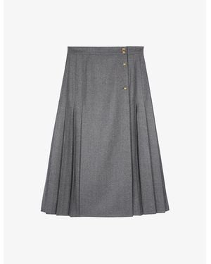 The Kooples Button-Embellished High-Rise Wrap Wool Midi Skirt - Grey