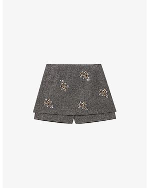 Maje Herringbone Floral-Embroidered Woven Shorts - Grey