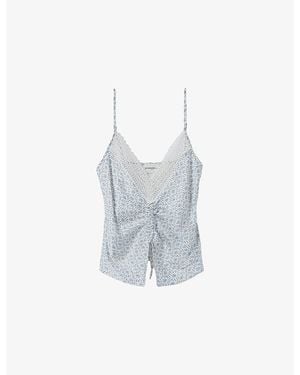 Claudie Pierlot Floral-Print V-Neck Satin Top - Blue