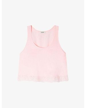 Sandro Scoop-Neck Lace-Hem Satin Top - Pink