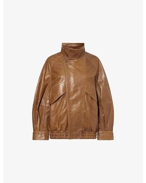 Nour Hammour Ariste Funnel-Neck Leather Jacket - Brown