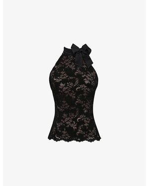 House Of Cb Natalya Detachable-Bow Stretch-Lace Top - Black