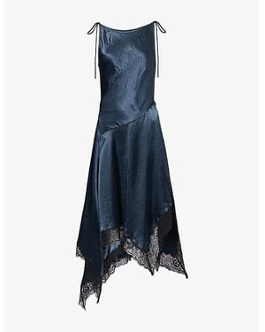 Acne Studios Asymmetric Lace-Trim Satin Midi Dress - Blue