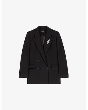 Maje Removable-Brooch Double-Breasted Stretch Wool-Blend Blazer - Black