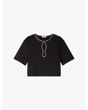 Sandro Cropped Rhinestone-Embellished Cotton-Blend T-Shirt - Black