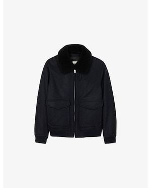 Sandro Shearling-Collar Wool-Blend Aviator Jacket - Black
