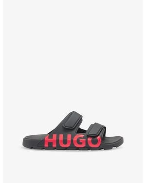HUGO Logo-Print Double-Strap Slip-On Rubber Sandals - Black