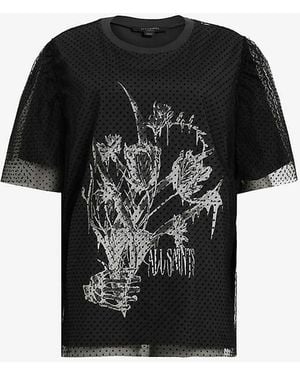 AllSaints Washed/B Tommi Fondre Graphic-Print Mesh-Sleeve Woven T-Shirt - Black