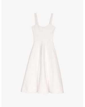 Maje Square-Neck Flared-Skirt Knitted Midi Dress - White