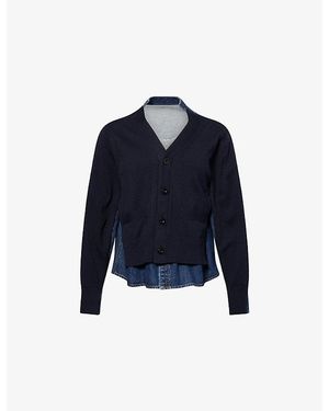 Sacai Contrast-Denim V-Neck Cotton-Blend Cardigan - Blue