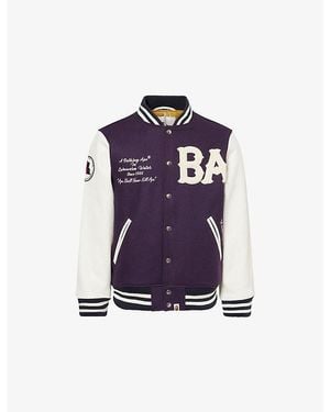 A Bathing Ape Varsity Patch-Embroidered Wool Blend Jacket - Purple