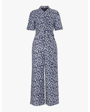 Whistles Leopard-Print Short-Sleeve Linen-Blend Jumpsuit - Blue